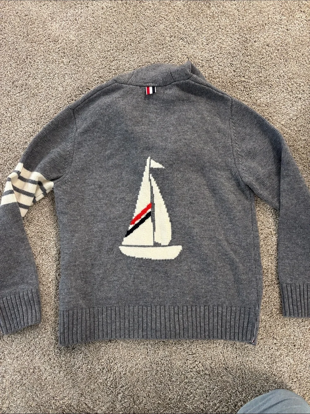 Thom Browne Gray Sailboat Knit Hoodie with Contrasting Stripe - Picture 8 of 8